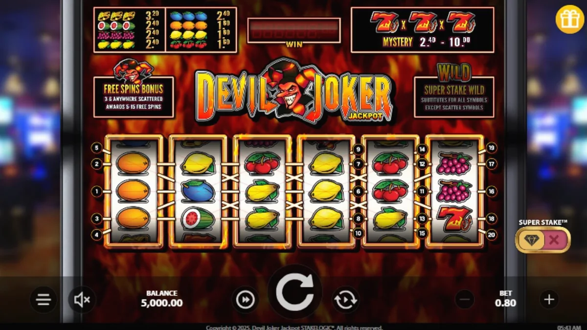 Isang visual na representasyon ng Devil Joker Jackpot slot machine na may mga maapoy na simbolo at retro na disenyo.