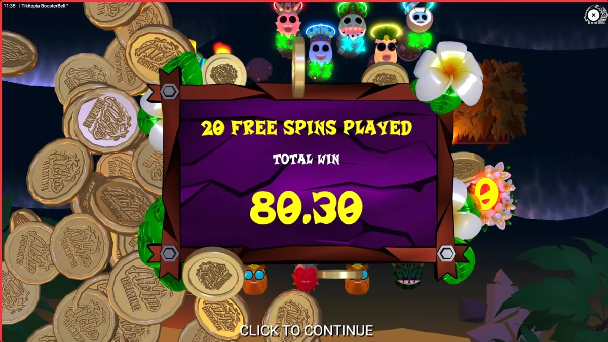 Tikitopia BoosterBelt slot machine interface na may mga tropikal na prutas at totem