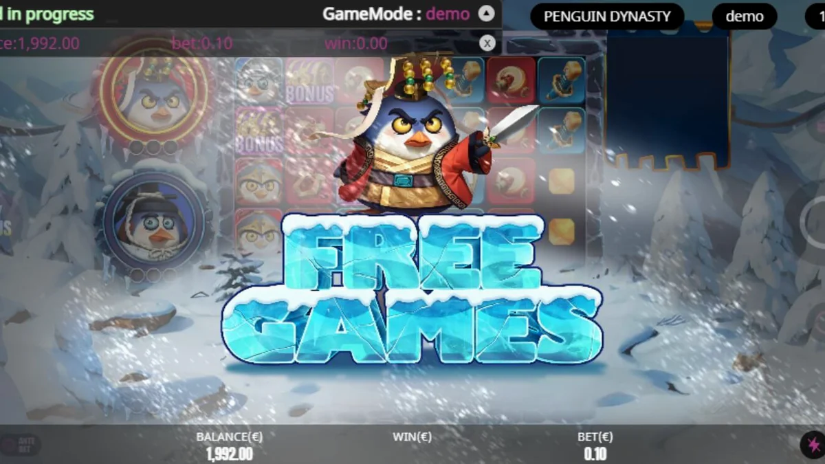 Penguin Dynasty slot game screen na may mga penguin warriors at icy palace background
